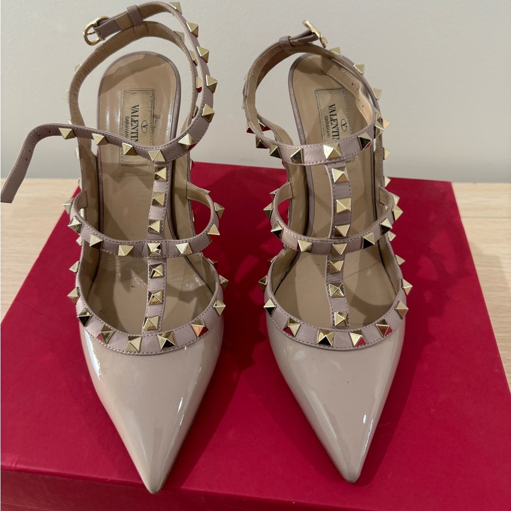Valentino Cream Rockstud Heels with T-Strap Design